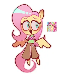 Size: 928x1134 | Tagged: safe, artist:lizbee0820, derpibooru import, fluttershy, anthro, pegasus, plantigrade anthro, pony, blushing, clothes, colored eyebrows, cutie mark, cutie mark on clothes, ear blush, hands behind back, image, looking away, open mouth, open smile, outline, pants, pink hair, pink tail, png, screencap reference, shirt, simple background, smiling, solo, spread wings, tail, teal eyes, white background, wingding eyes, wings, yellow coat