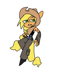 Size: 1030x1293 | Tagged: safe, artist:lizbee0820, derpibooru import, applejack, anthro, earth pony, clothes, cowboy hat, hat, image, pants, png, simple background, solo, teeth, unamused, white background