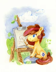 Size: 742x950 | Tagged: safe, artist:maytee, derpibooru import, oc, oc:maytee, unofficial characters only, earth pony, pony, easel, image, jpeg, pencil, solo, traditional art, two toned mane