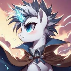 Size: 1024x1024 | Tagged: safe, ai content, derpibooru import, machine learning generated, prompter:lancer-thunderstorm, oc, unofficial characters only, pony, unicorn, blue eyes, brown coat, cape, clothes, cloud, collar, electricity, eyelashes, feral, generator:dall-e 3, grey hair, image, jpeg, light skin, lightning, male, solo, stallion