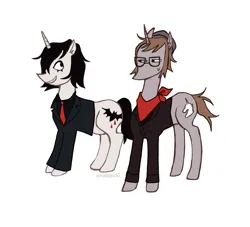 Size: 1849x1681 | Tagged: safe, artist:dunderbread, derpibooru import, ponified, pony, unicorn, bandana, beanie, black mane, brothers, brown mane, clothes, cutie mark, duo, eyelashes, gerard way, glasses, grin, hat, horn, image, jacket, jpeg, makeup, male, mikey way, my chemical romance, narrowed eyes, necktie, no mouth, shirt, siblings, simple background, smiling, stallion, standing, sweat, sweatdrop, white background