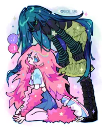 Size: 1633x2048 | Tagged: safe, artist:gochiitears, derpibooru import, queen chrysalis, oc, oc:fluffle puff, human, equestria girls, duo, duo female, female, humanized, image, jpeg