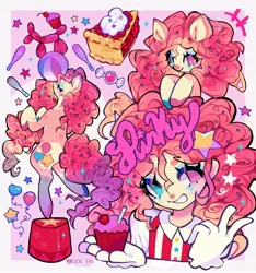 Size: 1913x2048 | Tagged: safe, artist:gochiitears, derpibooru import, pinkie pie, earth pony, human, abstract background, alternate design, ball, balloon, circus, clothes, clown, clown makeup, colored hooves, cupcake, food, gloves, grin, image, jpeg, juggling, makeup, pie, smiling, stars