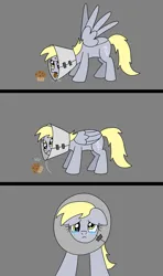 Size: 1920x3240 | Tagged: safe, artist:platinumdrop, derpibooru import, derpy hooves, pegasus, pony, 3 panel comic, adorable distress, comic, commission, crying, cute, elizabethan collar, female, floppy ears, folded wings, food, frown, g4, gray background, image, looking at something, looking at you, looking down, looking down at you, mare, muffin, muffin denial, png, sad, sad pony, sadorable, simple background, solo, spread wings, tears of sadness, teary eyes, tongue out, wings
