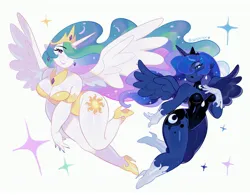 Size: 3408x2664 | Tagged: safe, artist:constellor, derpibooru import, princess celestia, princess luna, alicorn, anthro, breasts, chubby, cleavage, humanoid, image, jpeg, simple background, smiling, sparkles, white background