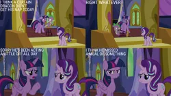 Size: 2000x1125 | Tagged: safe, derpibooru import, edit, edited screencap, editor:quoterific, screencap, spike, starlight glimmer, twilight sparkle, twilight sparkle (alicorn), alicorn, to where and back again, disguise, disguised changeling, image, png, twilight's castle