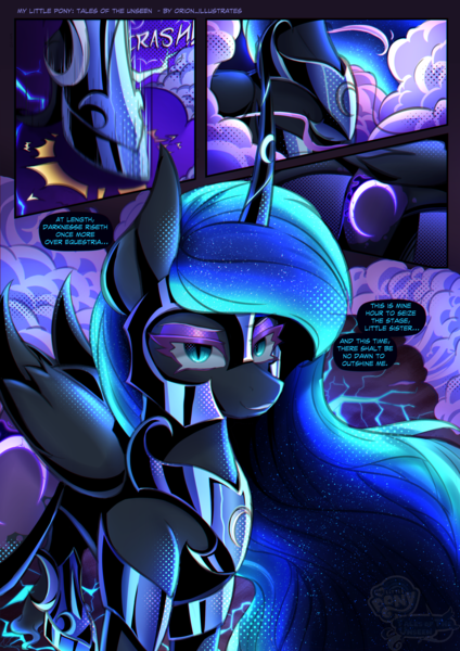 Size: 2499x3536 | Tagged: safe, artist:orion_illustrates, derpibooru import, nightmare moon, alicorn, pony, comic:tales of the unseen, friendship is magic, armor, comic, cutie mark, detailed background, dialogue, eyeshadow, folded wings, g4, glow, glowing cutie mark, glowing horn, glowing mane, hoof shoes, horn, image, looking at you, makeup, png, princess shoes, redesign, solo, speech bubble, wings