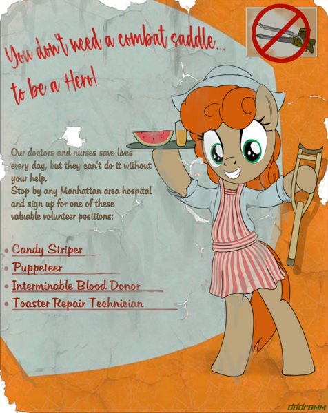 Size: 1200x1512 | Tagged: safe, artist:dddromm, derpibooru import, oc, unofficial characters only, pony, fallout equestria, crutches, food, image, png, poster, solo, tray, watermelon