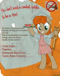 Size: 1200x1512 | Tagged: safe, artist:dddromm, derpibooru import, oc, unofficial characters only, pony, fallout equestria, crutches, food, image, png, poster, solo, tray, watermelon