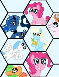 Size: 766x1008 | Tagged: safe, artist:jakusi, ponerpics import, jetstream, lightning bolt, perfect pie, pinkie pie, princess luna, sassaflash, white lightning, alicorn, earth pony, pegasus, pony, apple family member, aviator goggles, background pony, female, flying, food, goggles, hexagon, image, looking up, mare, neckerchief, pineapple, png, sitting, smiling