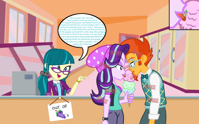 Size: 5592x3511 | Tagged: safe, ponerpics import, ponybooru import, juniper montage, spike, starlight glimmer, sunburst, human, equestria girls, equestria girls series, mirror magic, spoiler:eqg specials, bedroom eyes, dialogue, equestria girls-ified, female, food, grapes, ice cream, ice cream parlor, image, licking, male, micro, png, shipping, shrinking, soft vore, sparlight, speech bubble, starburst, straight, tiny, tongue out, vore