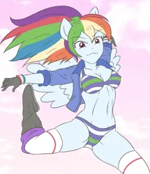 Size: 2952x3425 | Tagged: suggestive, artist:sumin6301, derpibooru import, rainbow dash, human, equestria girls, 2d, ankle boots, belly button, breasts, busty rainbow dash, cleavage, clothes, erect nipples, gloves, image, jacket, jpeg, legs, long sleeves, looking at you, midriff, nipple outline, nipples, nudity, panties, pink background, ponied up, pony ears, simple background, socks, solo, striped bra, striped panties, striped underwear, thigh highs, thighs, underwear, wings, wristband