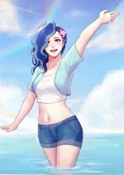 Size: 2480x3508 | Tagged: safe, artist:anonymous, derpibooru import, human, g5, belly button, cute, female, humanized, image, misty brightdawn, ocean, png, raised hand, smiling, solo, water
