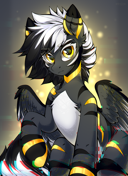 Size: 2895x3985 | Tagged: safe, artist:rico_chan, derpibooru import, oc, oc:deka, unofficial characters only, pegasus, pony, commission, error, glitch, gold, half body, image, looking at you, male, png, raised hoof, simple background, solo, stallion, yellow eyes