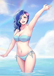 Size: 2480x3508 | Tagged: safe, artist:anonymous, derpibooru import, human, g5, alternate hairstyle, belly, belly button, bikini, clothes, female, humanized, image, light skin, misty brightdawn, ocean, png, raised hand, solo, swimsuit, water