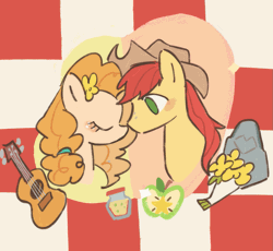 Size: 1113x1022 | Tagged: safe, artist:xiaowangzidemianyang, derpibooru import, earth pony, pony, abstract background, animated, duo, eyes closed, female, flower, gif, guitar, image, male, mare, musical instrument, picnic blanket, romantic, stallion