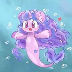 Size: 2160x2160 | Tagged: safe, artist:limitmj, derpibooru import, idw, izzy moonbow, jellyfish, seapony (g4), starfish, g5, 2024, blushing, bubble, ear fluff, image, jpeg, looking at you, open mouth, open smile, seaponified, seapony izzy moonbow, set your sail, signature, smiling, species swap, spread arms, underwater, unshorn fetlocks, water