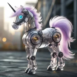 Size: 1536x1536 | Tagged: safe, ai content, derpibooru import, editor:felisamafeles, generator:stable cascade, machine learning generated, pony, robot, unicorn, cg, crystal, depth of field, image, png, realistic, realistic horse leg