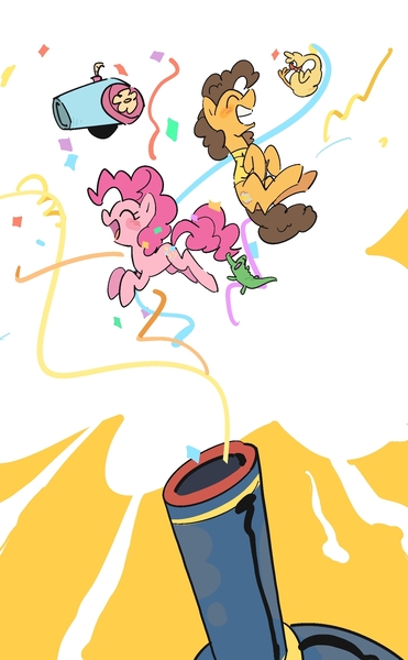 Size: 1536x2481 | Tagged: safe, artist:xiaowangzidemianyang, derpibooru import, cheese sandwich, pinkie pie, crocodile, earth pony, pony, cannon, confetti, grin, image, jpeg, open mouth, open smile, smiling, teeth
