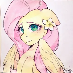 Size: 2421x2421 | Tagged: safe, artist:xiaowu07, derpibooru import, fluttershy, pegasus, pony, female, g4, image, jpeg, mare, shy, smiling, solo, traditional art
