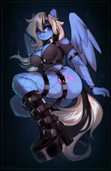 Size: 2633x4028 | Tagged: suggestive, artist:sugarstar, derpibooru import, oc, oc:lusty symphony, anthro, pegasus, belt, boots, breasts, clothes, collar, ear piercing, eyeshadow, female, fishnets, goth, image, long hair, long tail, makeup, panties, piercing, png, shoes, socks, tail, thigh highs, thighs, top, underwear, wings