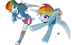Size: 3451x2160 | Tagged: safe, artist:hosikawa, derpibooru import, rainbow dash, human, pegasus, pony, equestria girls, clothes, duality, duo, female, flying, g4, human ponidox, image, jacket, jpeg, looking at each other, looking at someone, mare, open mouth, racing, running, self paradox, self ponidox, shoes, simple background, skirt, smiling, white background, wristband