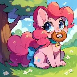 Size: 1024x1024 | Tagged: safe, ai content, derpibooru import, machine learning generated, prompter:faerindahol, stable diffusion, izzy moonbow, pinkie pie, cat, cat pony, earth pony, original species, pony, g5, bow, chibi, collar, cute, cuteness overload, daaaaaaaaaaaw, donut, female, fluffy, food, forest, generator:pony diffusion v6 xl, image, izzybetes, mouth hold, nature, paw pads, paws, png, ponk, sitting, solo, tail, tail bow, tree