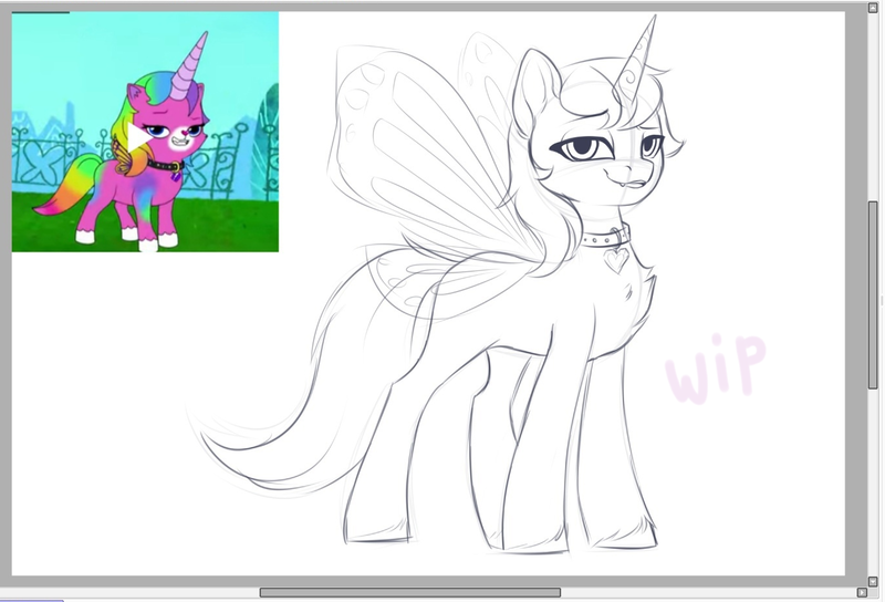 Size: 1360x925 | Tagged: safe, artist:megabait, derpibooru import, oc, ponified, unofficial characters only, pony, unicorn, butterfly wings, felicity (rbuk), image, looking at you, png, rainbow butterfly unicorn kitty, sketch, smiling, smiling at you, wings, wip