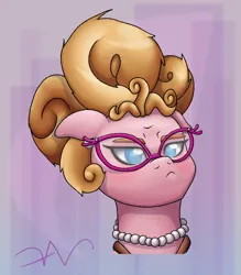 Size: 1600x1828 | Tagged: safe, artist:swasfews, derpibooru import, phyllis cloverleaf, earth pony, pony, g5, my little pony: a new generation, bust, female, floppy ears, frown, glasses, image, jewelry, lidded eyes, mare, necklace, pearl necklace, phyllis cloverleaf is not amused, png, portrait, signature, solo, unamused