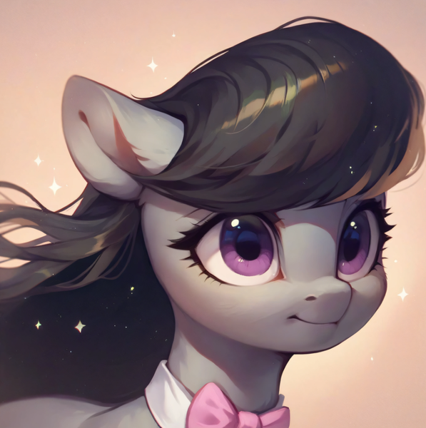 Size: 922x927 | Tagged: safe, ai content, derpibooru import, machine learning assisted, machine learning generated, stable diffusion, octavia melody, earth pony, pony, big eyes, black hair, blushing, bow, cute, detailed hair, ear fluff, g4, generator:purplesmart.ai, image, png, prompter:saltyvity, purple eyes, simple background, smiley face, smiling, solo, sparkles