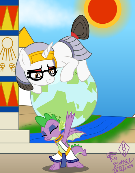 Size: 3715x4762 | Tagged: safe, artist:bsw421, derpibooru import, raven, spike, dragon, pony, unicorn, atlas, carrying, commission, cute, desert, detailed background, egypt, egyptian, egyptian clothes, egyptian headdress, egyptian makeup, egyptian pony, egyptian temple, eyes closed, female, glasses, globe, image, kneeling, makeup, male, mare, nile, older, older spike, planet, png, pyramid, ravenbetes, river, secretary, ship:ravenspike, shipping, signature, spikabetes, straight, sun, tail, tail bun, temple, water, winged spike, wings, world