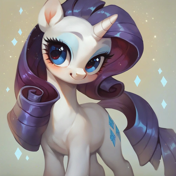 Size: 926x927 | Tagged: safe, ai content, derpibooru import, machine learning assisted, machine learning generated, stable diffusion, rarity, pony, unicorn, beautiful, blue eyes, blushing, cute, diamond, eyeshadow, g4, generator:purplesmart.ai, image, long hair, looking at you, makeup, png, prompter:saltyvity, purple mane, simple background, smiley face, smiling, smiling at you, solo, sparkles