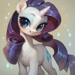 Size: 926x927 | Tagged: safe, ai content, derpibooru import, machine learning assisted, machine learning generated, stable diffusion, rarity, pony, unicorn, beautiful, blue eyes, blushing, cute, diamond, eyeshadow, g4, generator:purplesmart.ai, image, long hair, looking at you, makeup, png, prompter:saltyvity, purple mane, simple background, smiley face, smiling, smiling at you, solo, sparkles