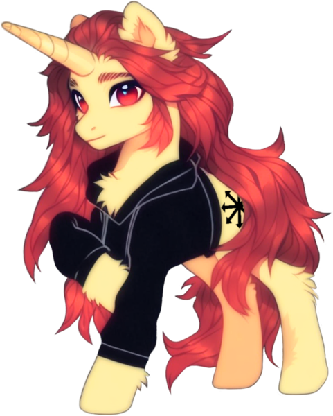 Size: 772x963 | Tagged: safe, ai content, derpibooru import, machine learning generated, prompter:endronist, stable diffusion, oc, oc:al patchy, unofficial characters only, pony, unicorn, big horn, black sweatshirt, chaos, chaos star, chest fluff, cloth, cute, cutie mark, detailed mane, ear fluff, fluffy, generator:pony diffusion v6 xl, hoof fluff, horn, image, long mane, png, raised hoof, red eyes, red mane, simple background, smiling, smirk, sweatshirt, transparent background, yellow body