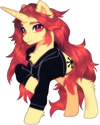 Size: 772x963 | Tagged: safe, ai content, derpibooru import, machine learning generated, prompter:endronist, stable diffusion, oc, oc:al patchy, unofficial characters only, pony, unicorn, big horn, black sweatshirt, chaos, chaos star, chest fluff, cloth, cute, cutie mark, detailed mane, ear fluff, fluffy, generator:pony diffusion v6 xl, hoof fluff, horn, image, long mane, png, raised hoof, red eyes, red mane, simple background, smiling, smirk, sweatshirt, transparent background, yellow body