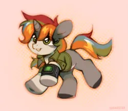 Size: 2047x1767 | Tagged: safe, artist:sugarstar, derpibooru import, oc, pony, unicorn, fallout equestria, clothes, female, image, mare, pipbuck, png, running, smiling, solo
