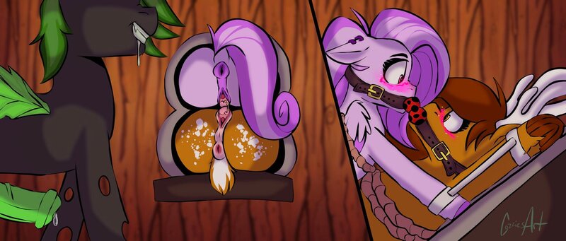 Size: 2048x872 | Tagged: explicit, artist:cozziesart, ponerpics import, ponybooru import, oc, unofficial characters only, changeling, deer, pegasus, pony, reindeer, ballgag, blushing, bondage, bound together, drool, drool string, female, gag, genital piercing, glory hole, image, jpeg, looking at each other, mare, nudity, piercing, precum, rope, sex, vulva