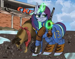 Size: 1705x1345 | Tagged: safe, artist:cozziesart, ponerpics import, ponybooru import, oc, unofficial characters only, pony, fallout, gun, image, jpeg, male, weapon