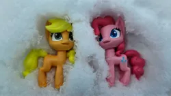 Size: 4000x2252 | Tagged: safe, artist:marybethemberjoy49, derpibooru import, applejack, pinkie pie, my little pony: pony life, figurine, g4, image, irl, jpeg, photo, snow, toy