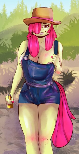 Size: 1059x2048 | Tagged: questionable, artist:cozziesart, ponerpics import, ponybooru import, apple bloom, anthro, apron, breasts, busty apple bloom, clothes, image, jpeg, looking at you, nipples, nudity, older, older apple bloom, overalls