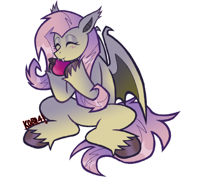 Size: 4134x3541 | Tagged: safe, artist:mxmx fw, derpibooru import, fluttershy, bat pony, pegasus, pony, apple, bat ponified, bat wings, fangs, flutterbat, food, fruit, image, messy mane, png, race swap, sitting, solo, unshorn fetlocks, wings