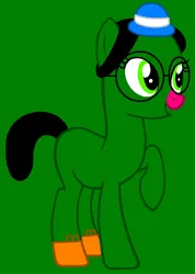 Size: 644x907 | Tagged: safe, artist:flaremane, artist:spitfirethepegasusfan39, ponerpics import, ponified, earth pony, pony, adult blank flank, base used, blank flank, bowler hat, clothes, female, g4, glasses, green background, hat, image, little miss, little miss neat, mare, mr. men, mr. men little miss, open mouth, open smile, pink nose, png, raised hoof, raised leg, shoes, simple background, smiling, sneakers, solo