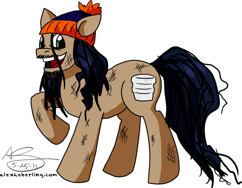 Size: 2776x2160 | Tagged: dead source, safe, artist:alex-heberling, derpibooru import, ponified, earth pony, pony, chester a. bum, facial hair, hat, image, male, messy mane, open mouth, png, raised hoof, simple background, solo, stallion, tgwtg, transparent background