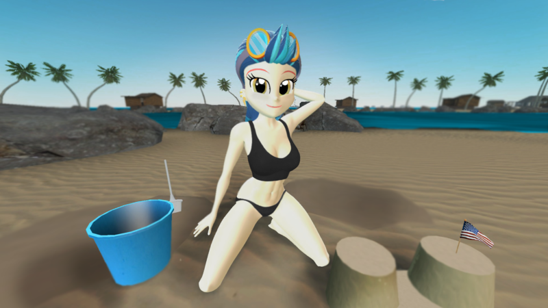 Size: 1920x1080 | Tagged: suggestive, artist:oatmeal!, derpibooru import, indigo zap, human, equestria girls, 3d, arm behind head, beach, belly button, bikini, breasts, bucket, clothes, gmod, goggles, image, kneeling, looking at you, ocean, palm tree, png, sand, sandcastle, shovel, solo, spread legs, spreading, swimsuit, tanktop, tree, tropical, water