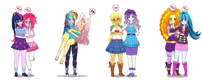 Size: 2891x1144 | Tagged: safe, artist:juanjocrespo, derpibooru import, adagio dazzle, applejack, fluttershy, pinkie pie, rainbow dash, rarity, sci-twi, sonata dusk, twilight sparkle, human, equestria girls, female, flutterdash, g4, humanized, image, kisekae, lesbian, png, rarijack, ship:sonagio, shipping, simple background, sonagio, transparent background, twinkie