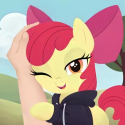 Size: 2048x2048 | Tagged: safe, ai content, derpibooru import, machine learning assisted, machine learning generated, apple bloom, earth pony, human, pony, clothes, cloud, eyelashes, female, filly, foal, hand, hoodie, image, looking at you, offscreen character, one eye closed, open mouth, petting, png, pov, smiling, smiling at you, tree