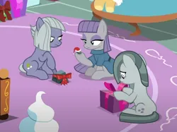 Size: 706x527 | Tagged: safe, derpibooru import, screencap, limestone pie, marble pie, maud pie, earth pony, pony, best gift ever, cropped, female, image, pie sisters, png, rock, siblings, sisters, trio