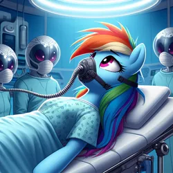 Size: 1024x1024 | Tagged: safe, ai content, derpibooru import, machine learning generated, rainbow dash, alien, anesthesia, anesthesia mask, clothes, generator:bing image creator, generator:dall-e 3, hospital gown, image, jpeg, laboratory, lights, mask, oxygen mask, science fiction, scrubs (gear), surgeon, surgery, surgical mask