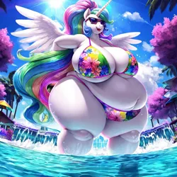 Size: 1024x1024 | Tagged: suggestive, ai content, derpibooru import, machine learning generated, stable diffusion, princess celestia, alicorn, anthro, alternate hairstyle, bbw, belly, big belly, big breasts, bikini, breasts, clothes, derpibooru exclusive, fat, g4, huge breasts, image, morbidly obese, obese, png, prompter:professordoctorc, ssbbw, sunglasses, swimming pool, swimsuit, thighs, thunder thighs