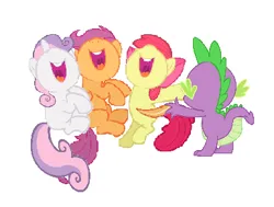 Size: 385x291 | Tagged: safe, anonymous artist, derpibooru import, apple bloom, scootaloo, spike, sweetie belle, dragon, earth pony, pegasus, pony, unicorn, best friend, best friends, cutie mark crusaders, feather, female, filly, foal, friend, friends, image, laughing, male, png, revenge, simple background, tickle torture, tickling, white background
